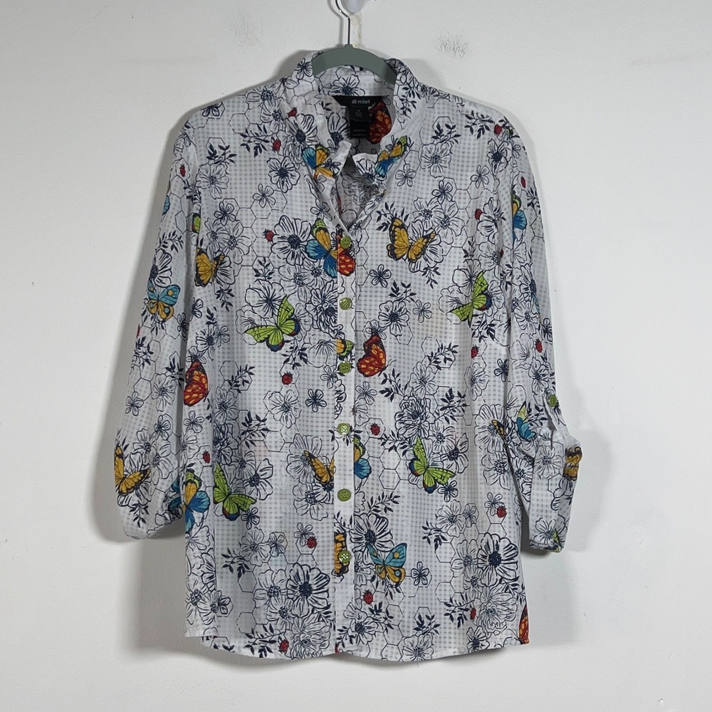 Ali Miles Wire Collar Top Womens 1X White Butterfly Floral Roll Tab Sleeve